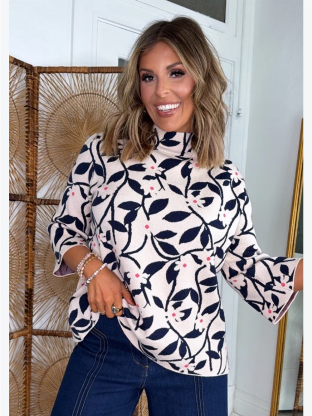 Fate Floral Mock Neck Bell Sleeve Sweater Cream Navy Pink Women's Small